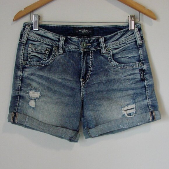 Silver Jeans Sam Jean Short Cuffed Distressed High Rise Size 26 4.5" Inseam - Picture 3 of 14